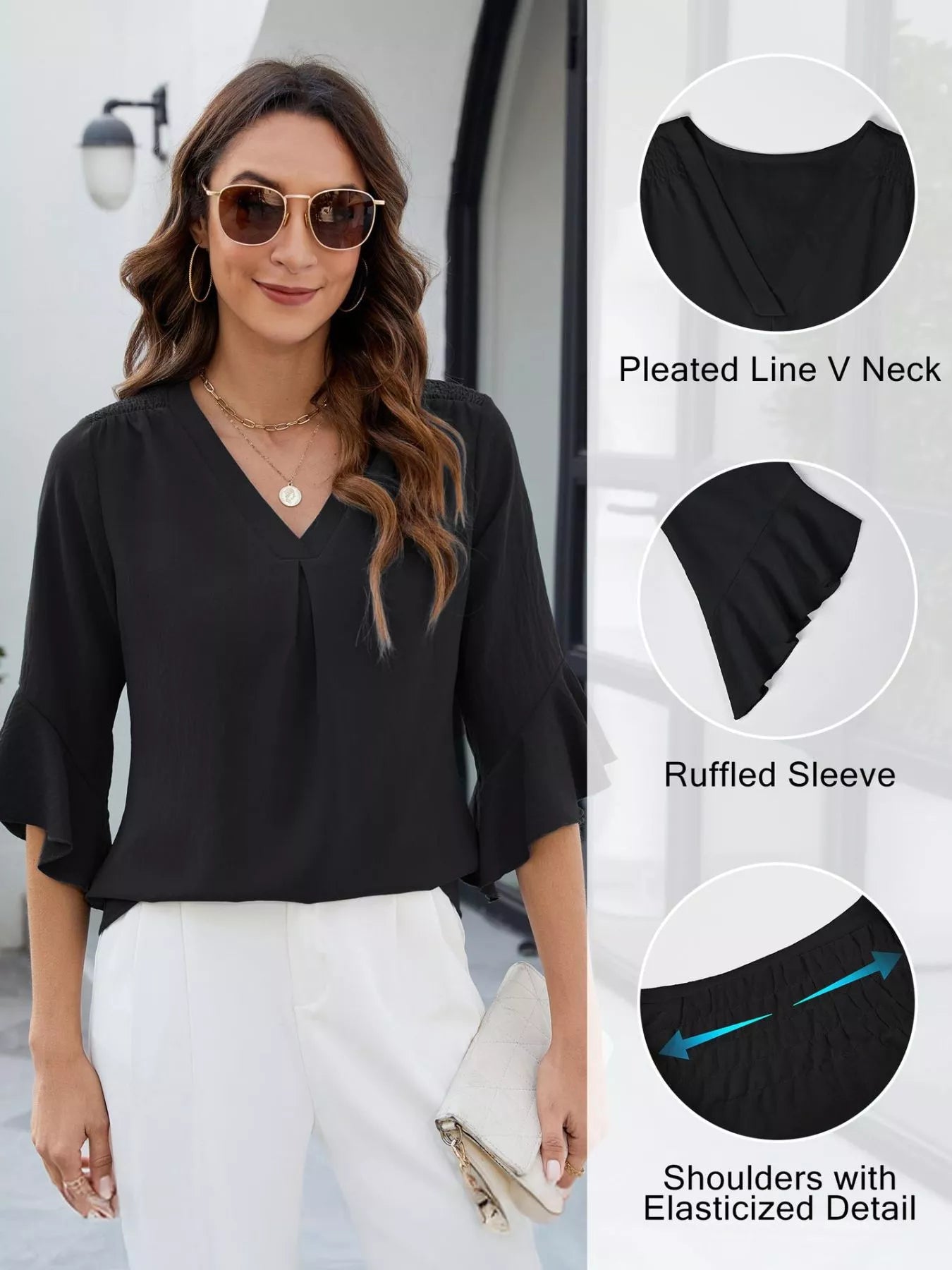 V-Neck Ruffle Sleeve Blouse