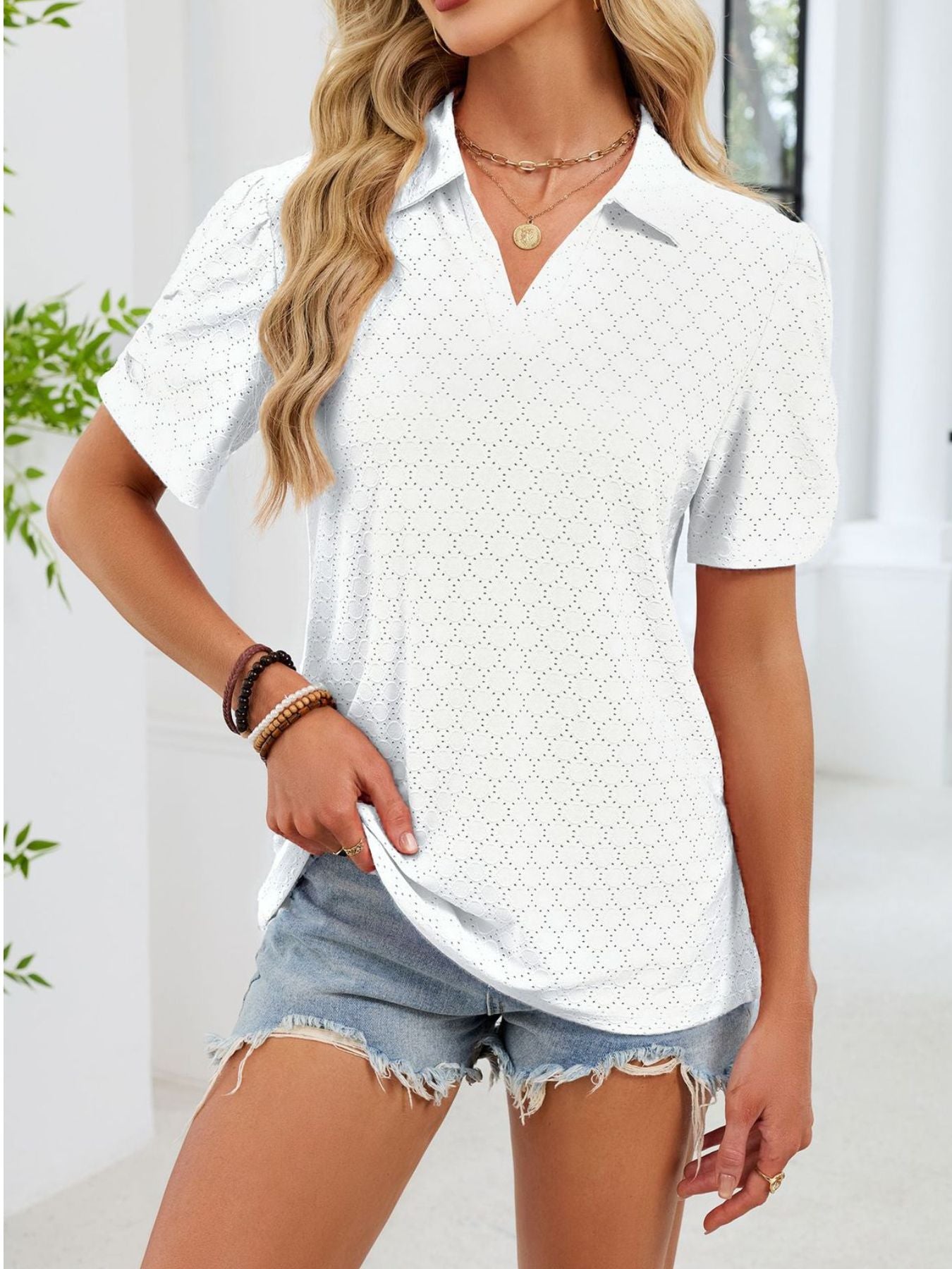 Eyelet Short Sleeve Blouse