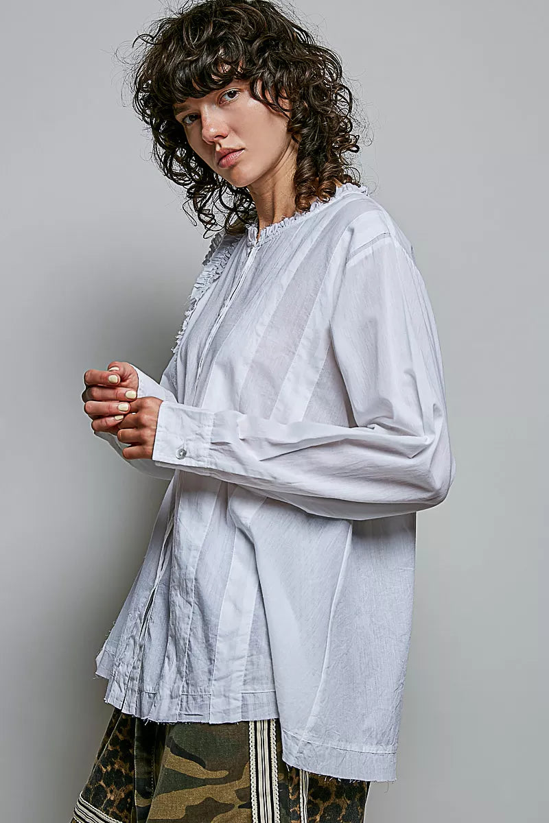POL Lightweight Ruffle Trim Round Neck Woven Shirt