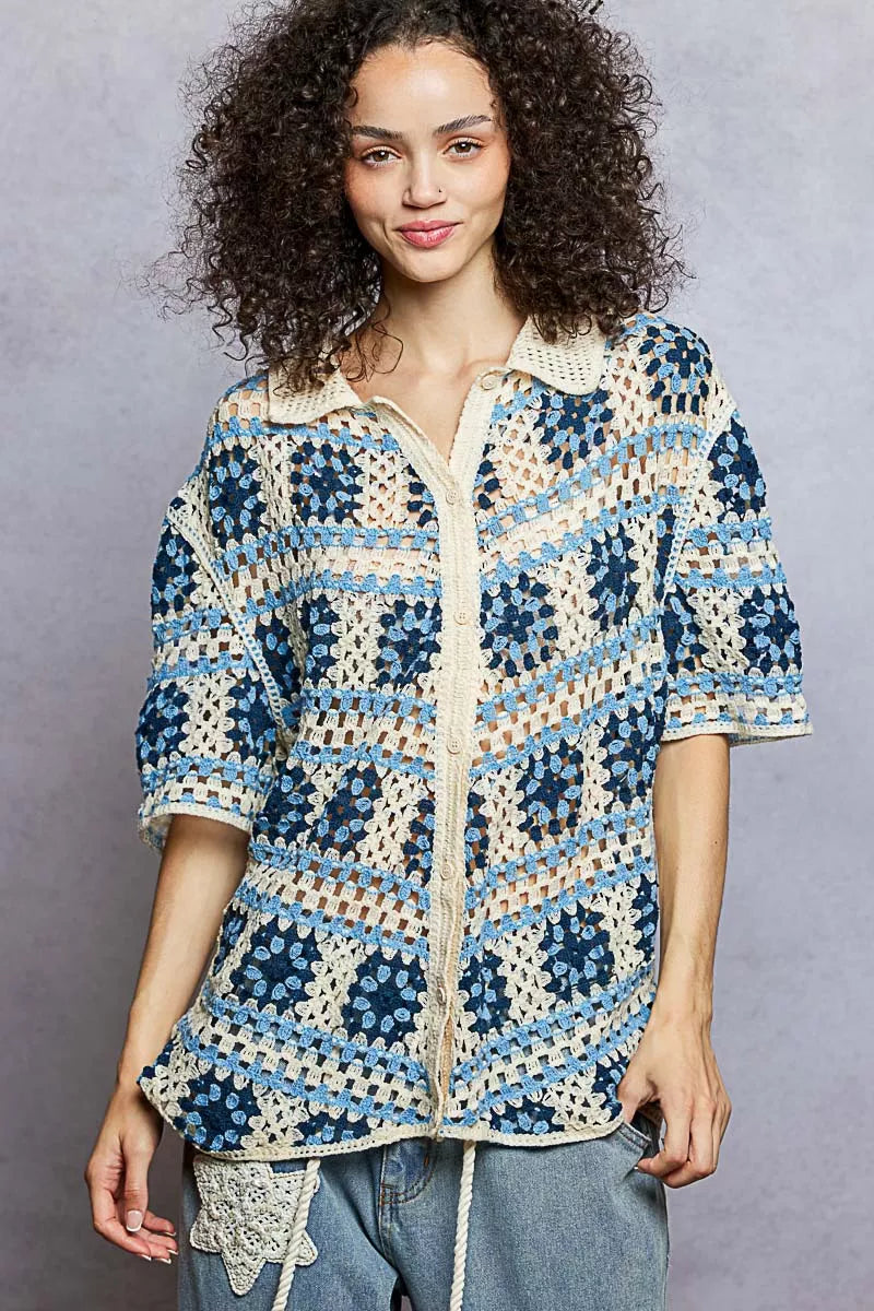 POL Openwork Short Sleeve Crochet Shirt with Border Accents