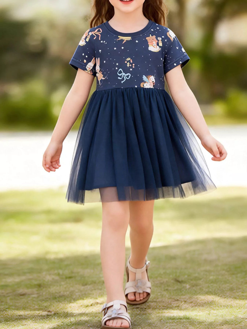 Children's Cartoon Print Tulle Dress