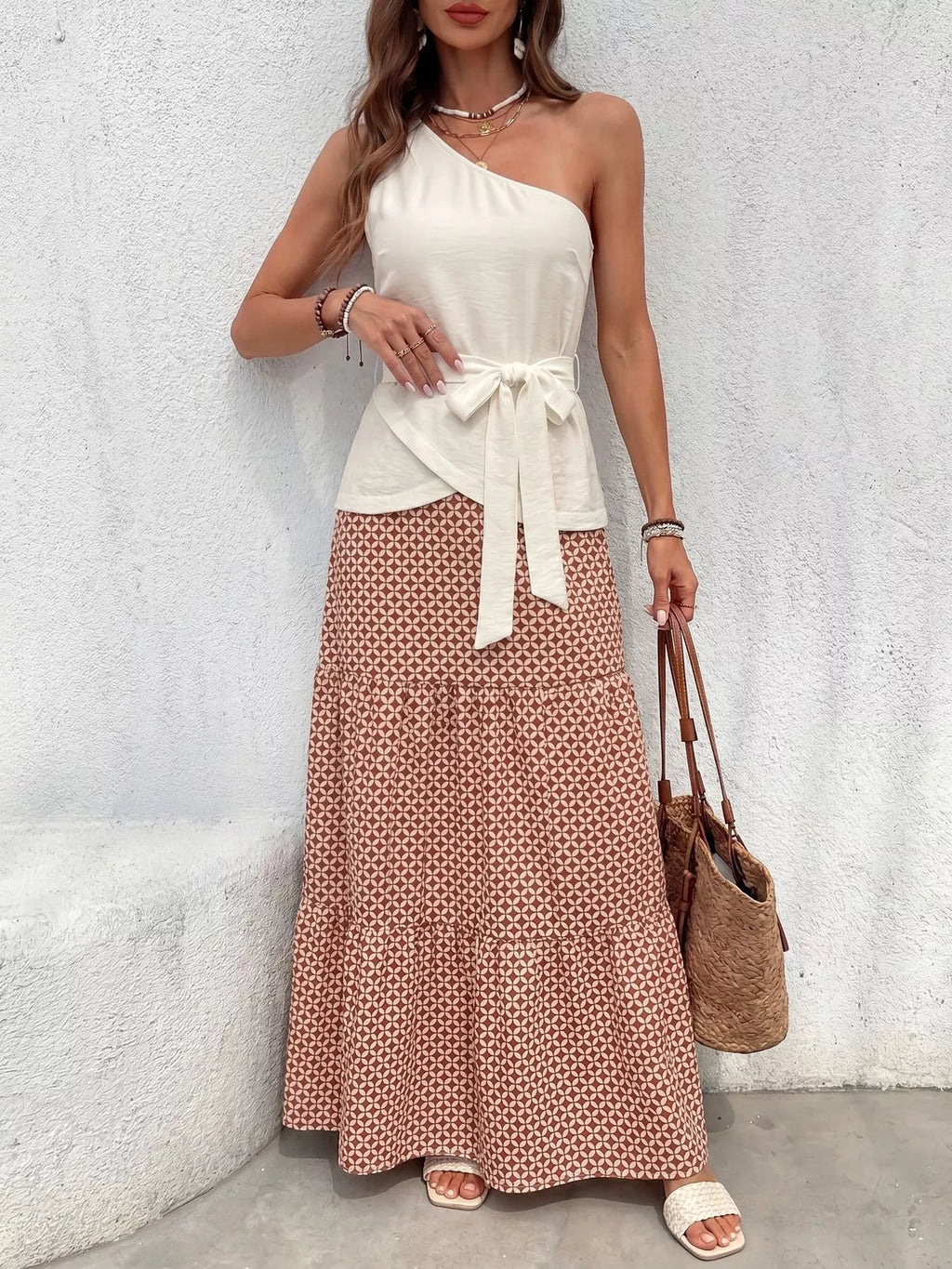 One-Shoulder Top and Geometric Print Maxi Skirt Set