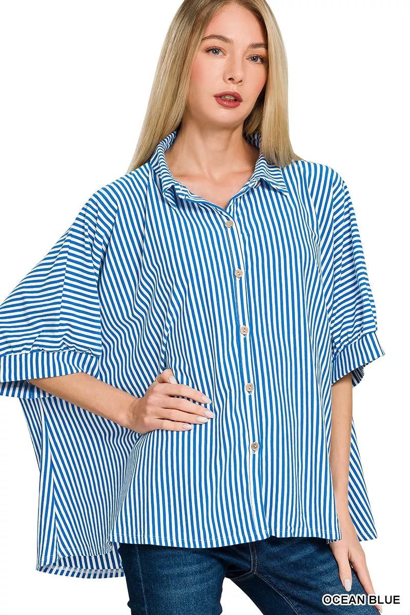 Zenana Oversized Stripe Button Down Shirt