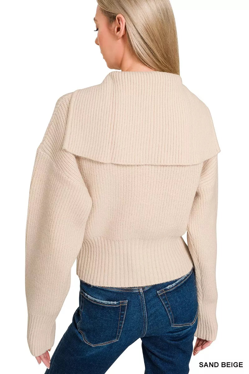 Zenana Ribbed Collared Zip Up Sweater Cardigan