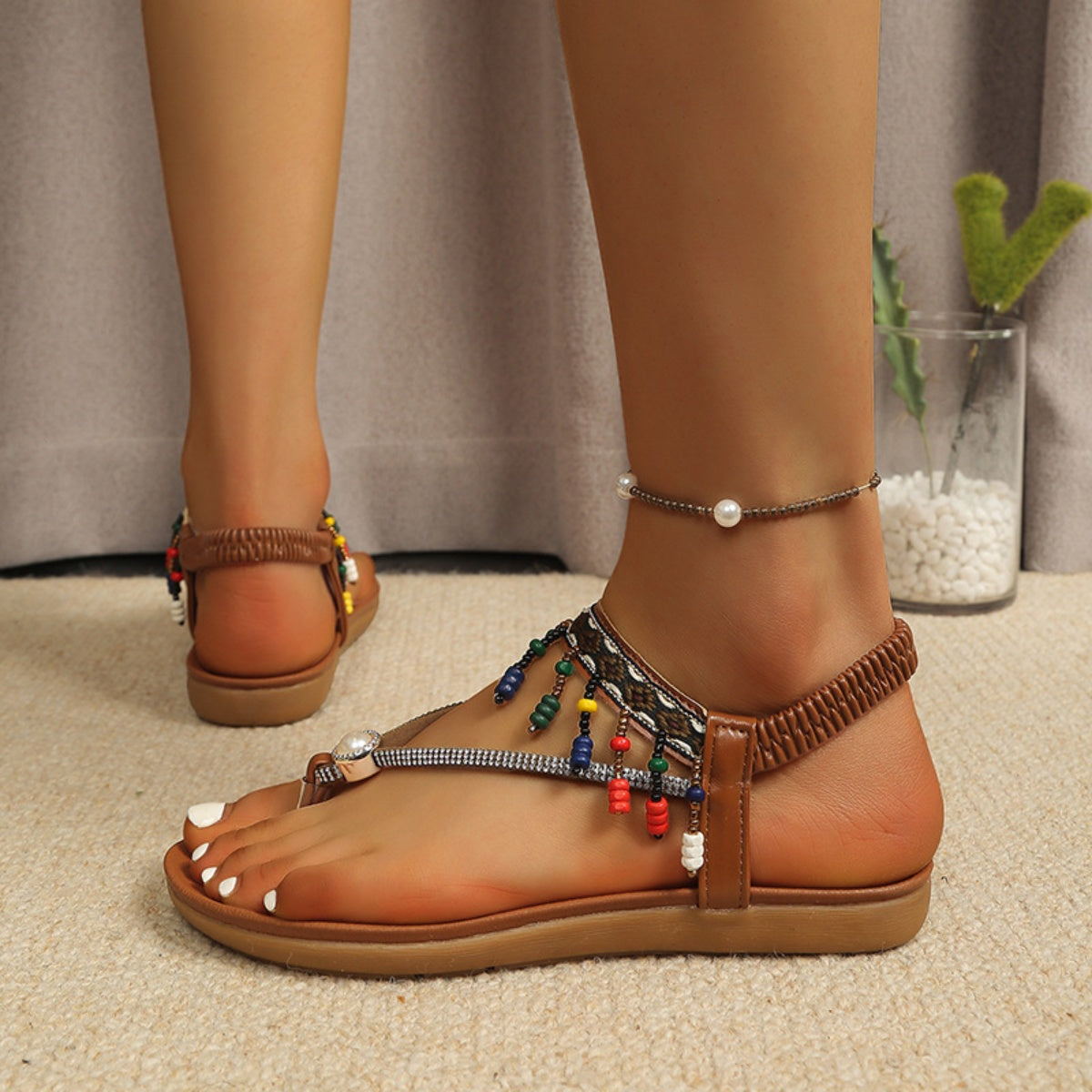 Beaded Ankle Strap Thong Sandals