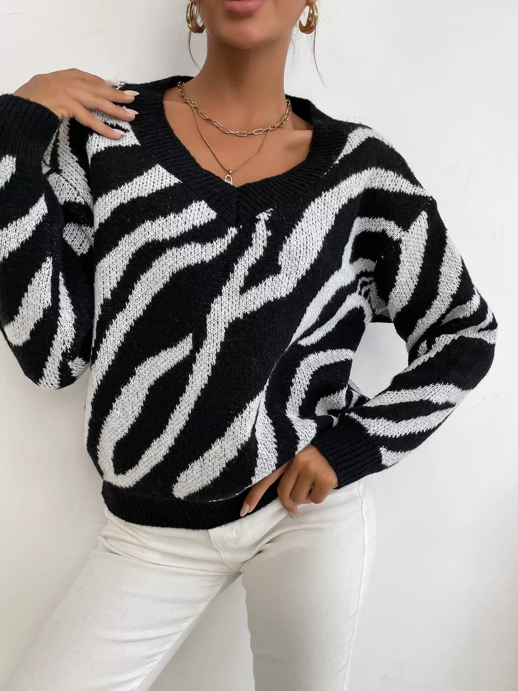 Zebra Print Relaxed Fit Pullover Sweater