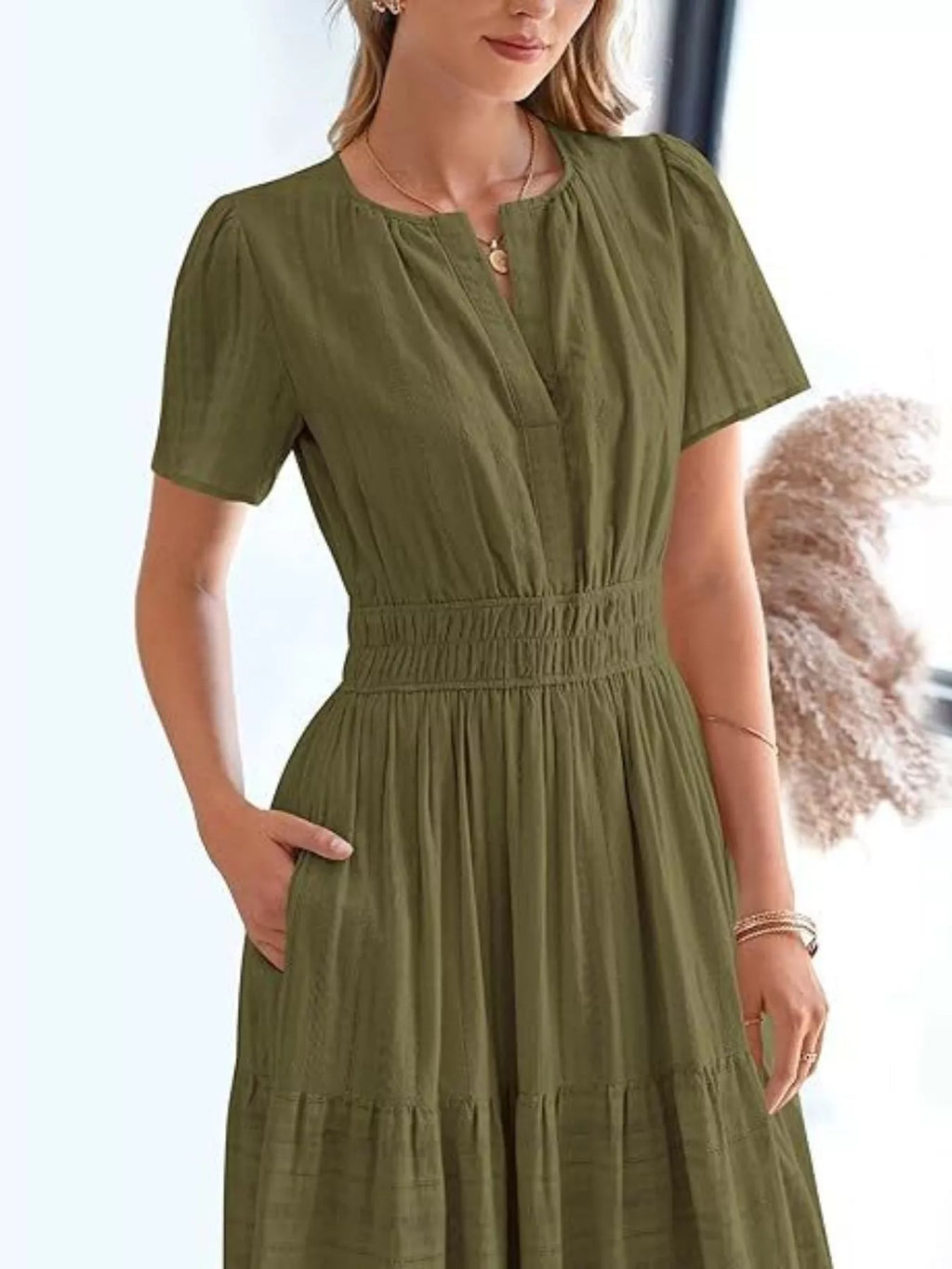Full Size Short Sleeve Tiered Midi Dress Plus Size