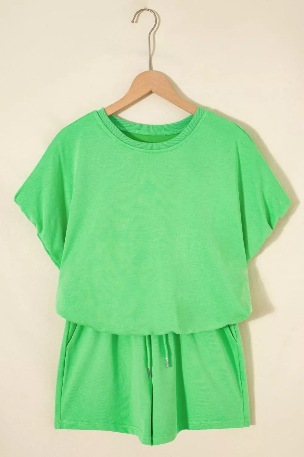 Solid Color Puffy Loose Top Drawstring Shorts 2pcs Outfit