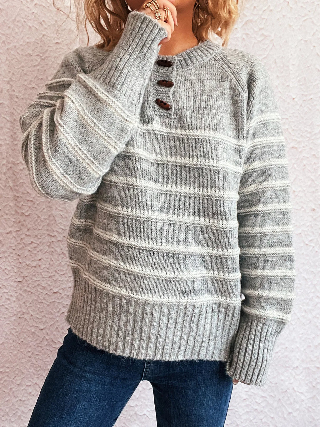 Striped Button Detail Long Sleeve Sweater
