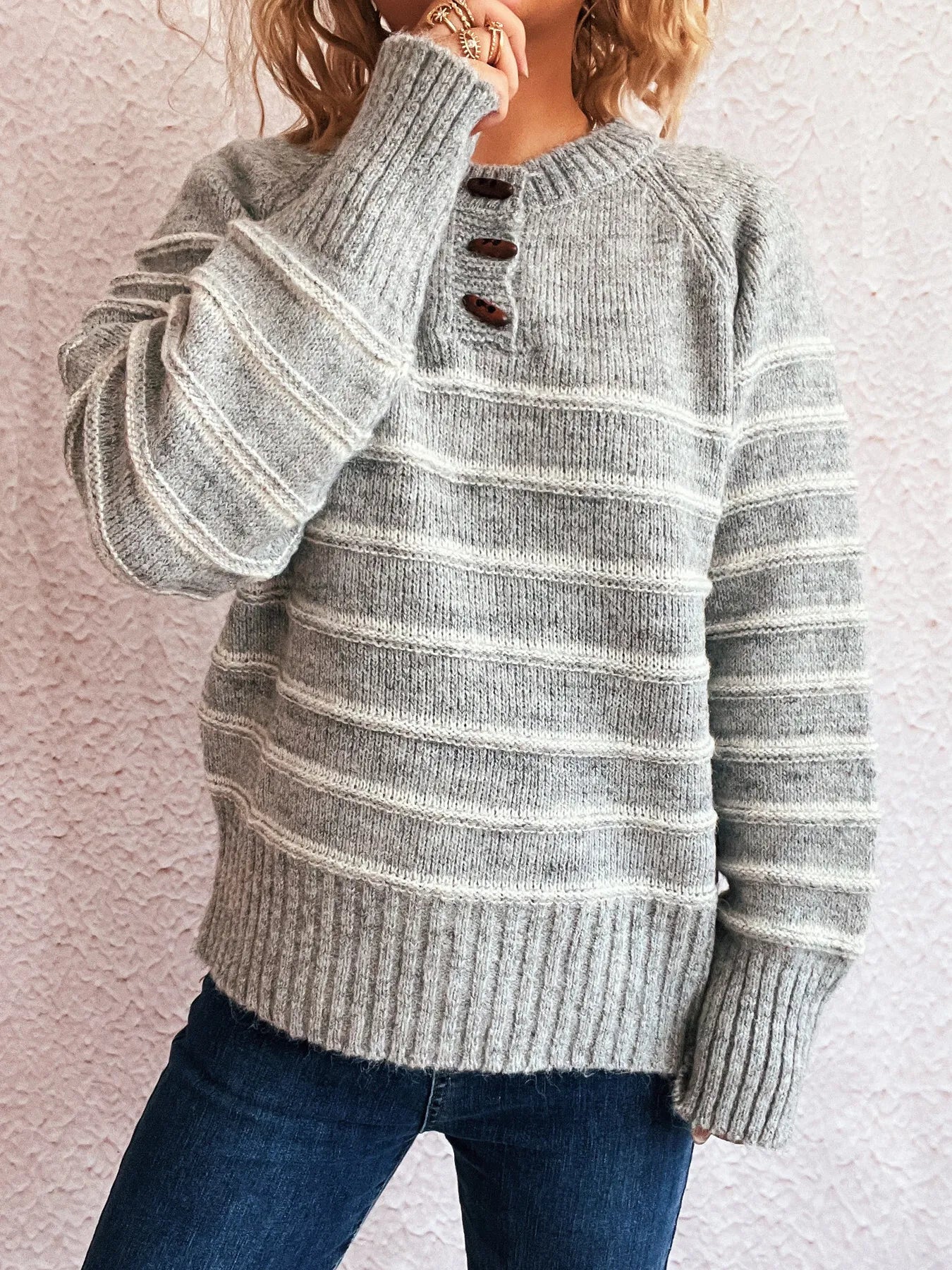 Striped Button Detail Long Sleeve Sweater