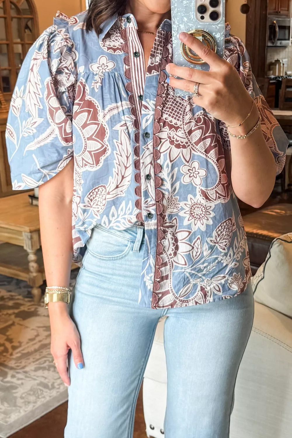Floral Print Scalloped Trim Button Down Short Sleeve Shirt