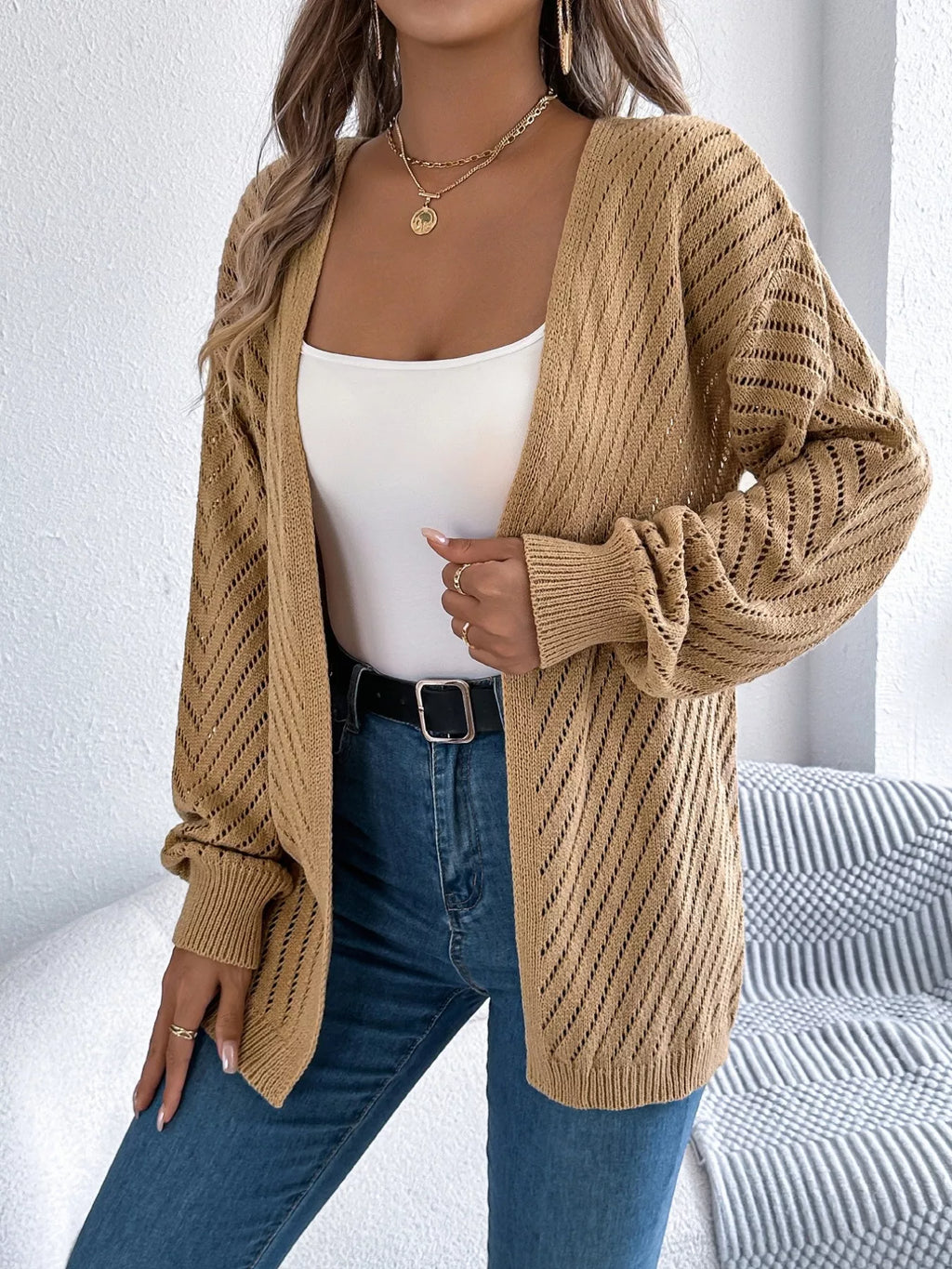 Openwork Open-Front Long Sleeve Cardigan