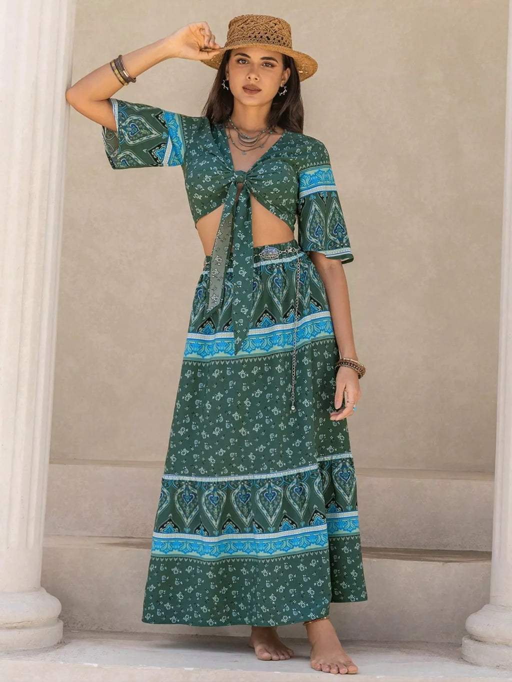 Tie Front Half Sleeve Top and Skirt Set