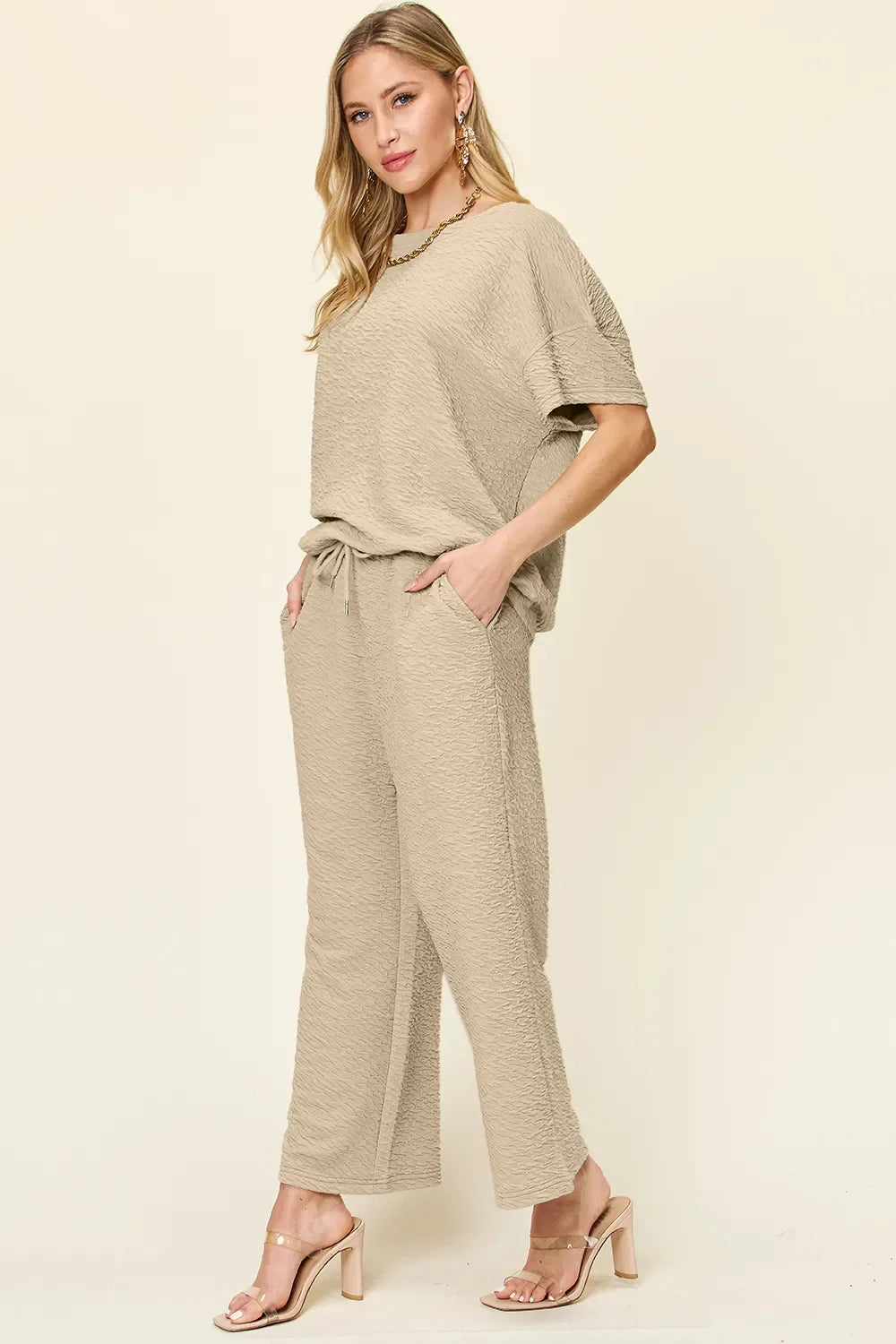 Double Take Full Size Texture Short Sleeve Top and Pants Set