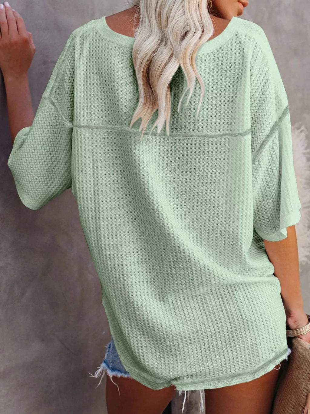 Waffle Knit V-Neck Short Sleeve T-Shirt
