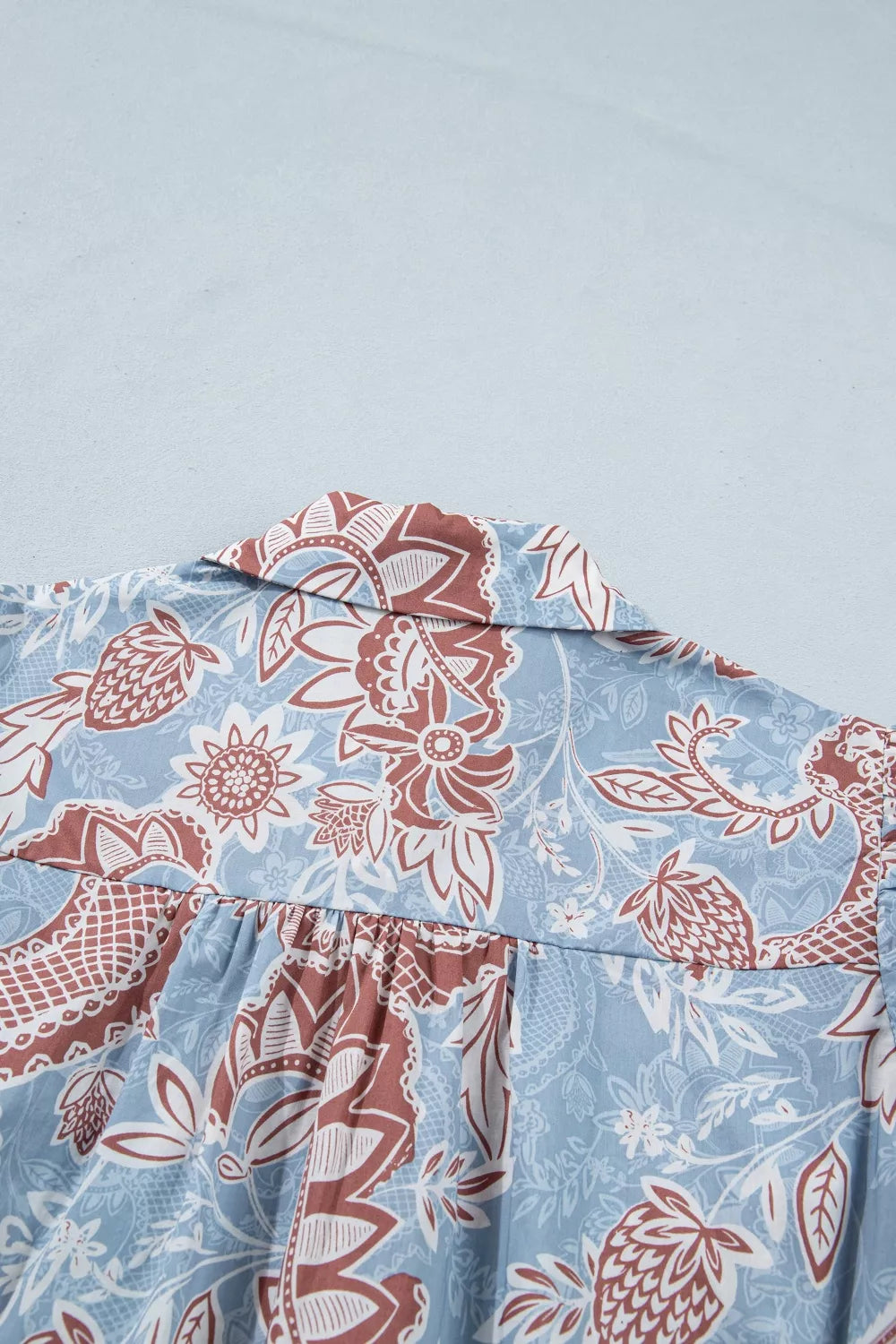 Floral Print Scalloped Trim Button Down Short Sleeve Shirt