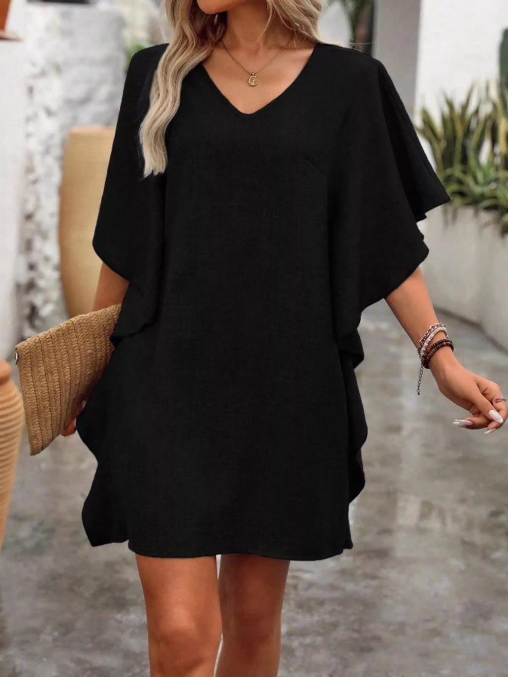 Flowy Sleeve V-Neck Casual Mini Dress