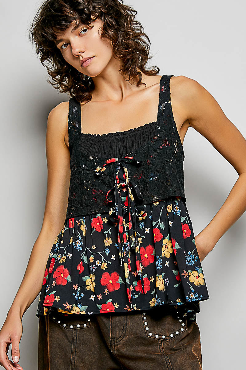 POL Ribbed Sleeveless Top with Lace Bust Floral Woven Patch