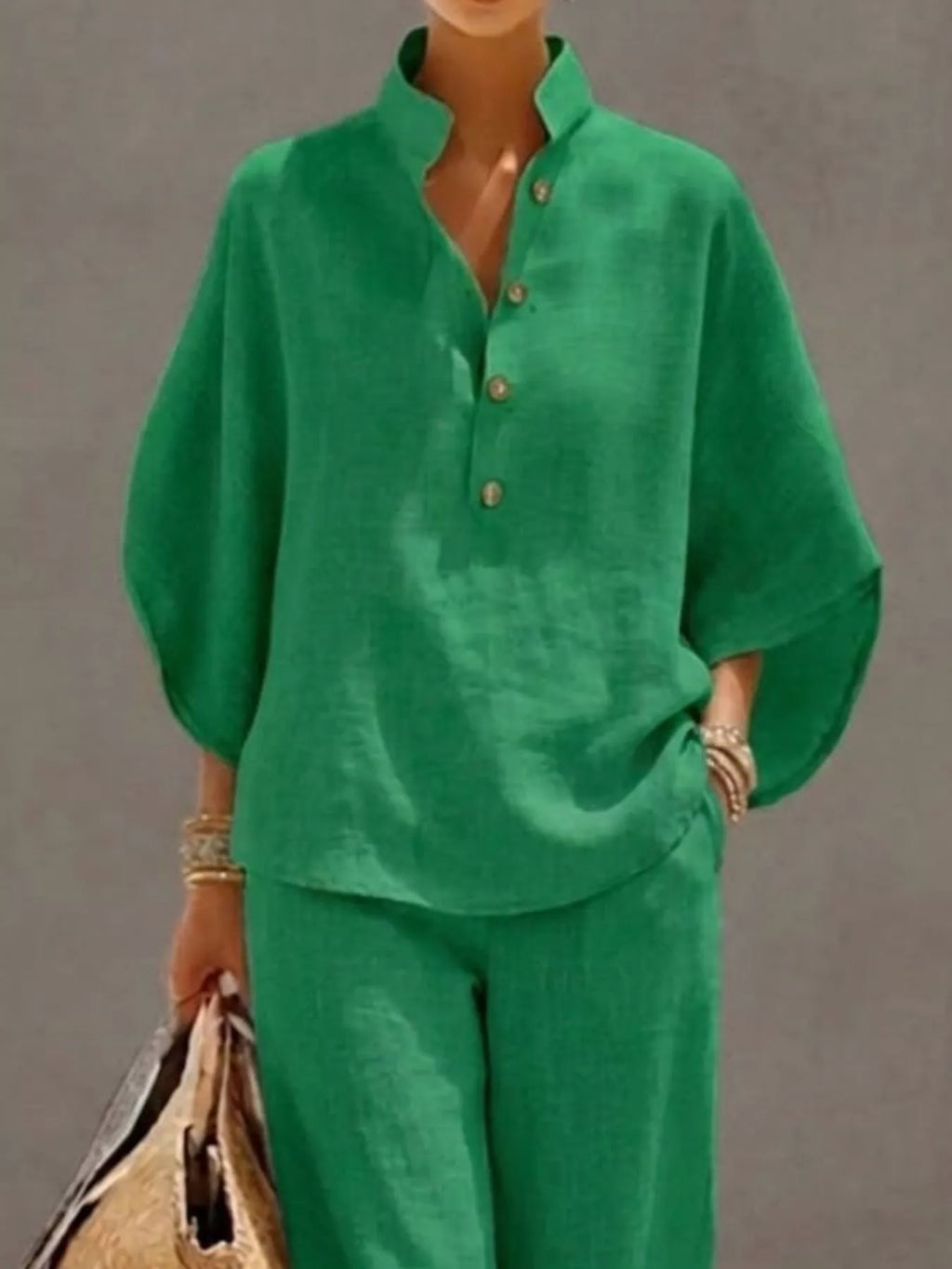 Full Size Button Detail 3/4 Sleeve Top and Pants Set Plus Size