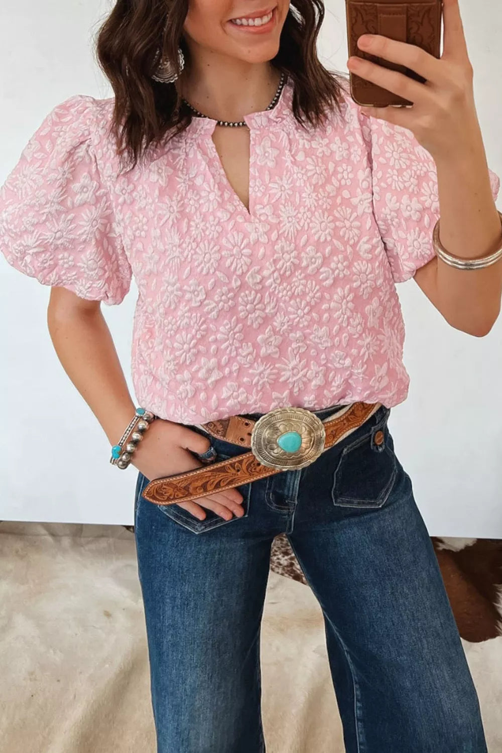 Textured Floral Puff Sleeve Blouse