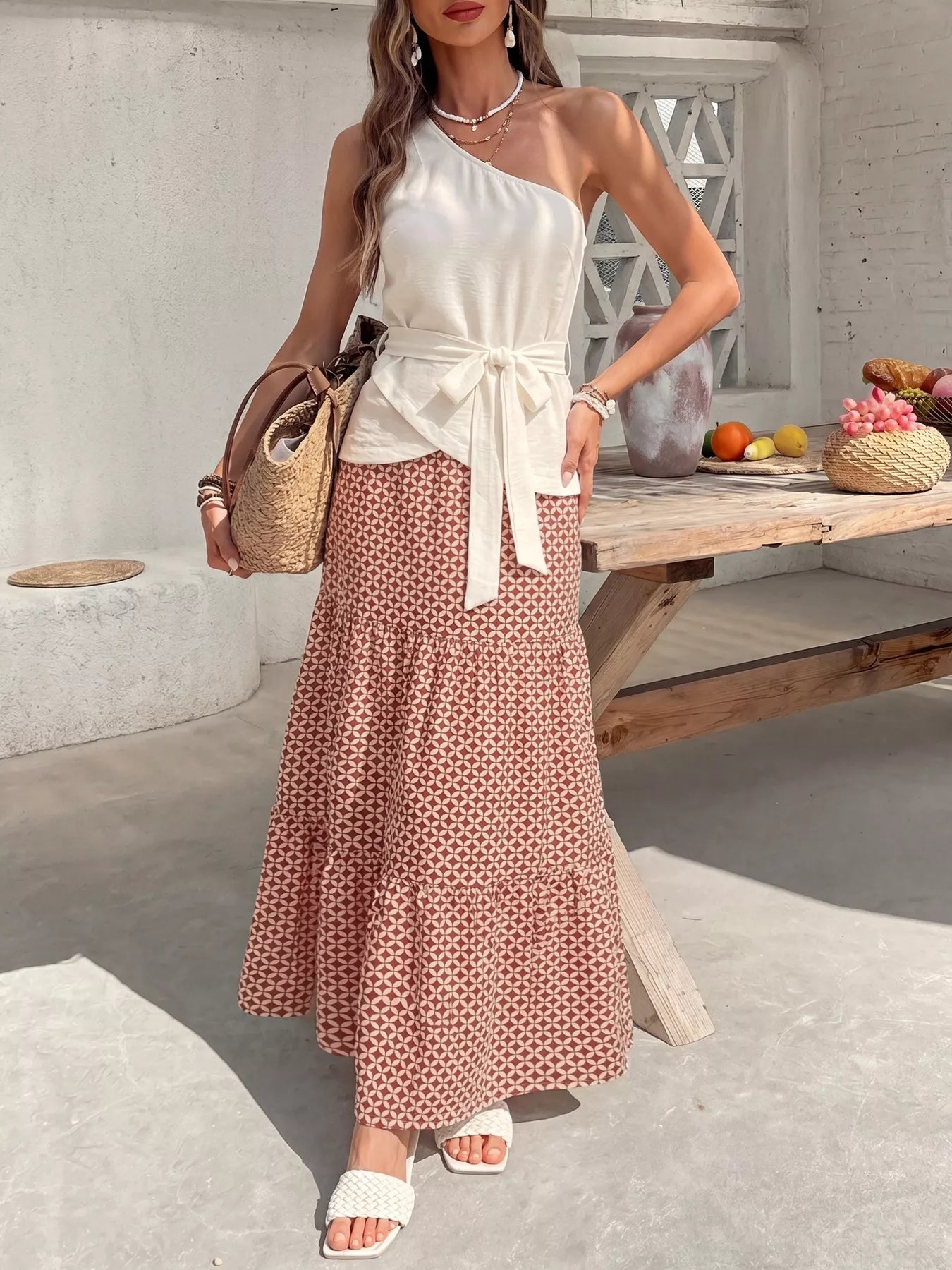 One-Shoulder Top and Geometric Print Maxi Skirt Set