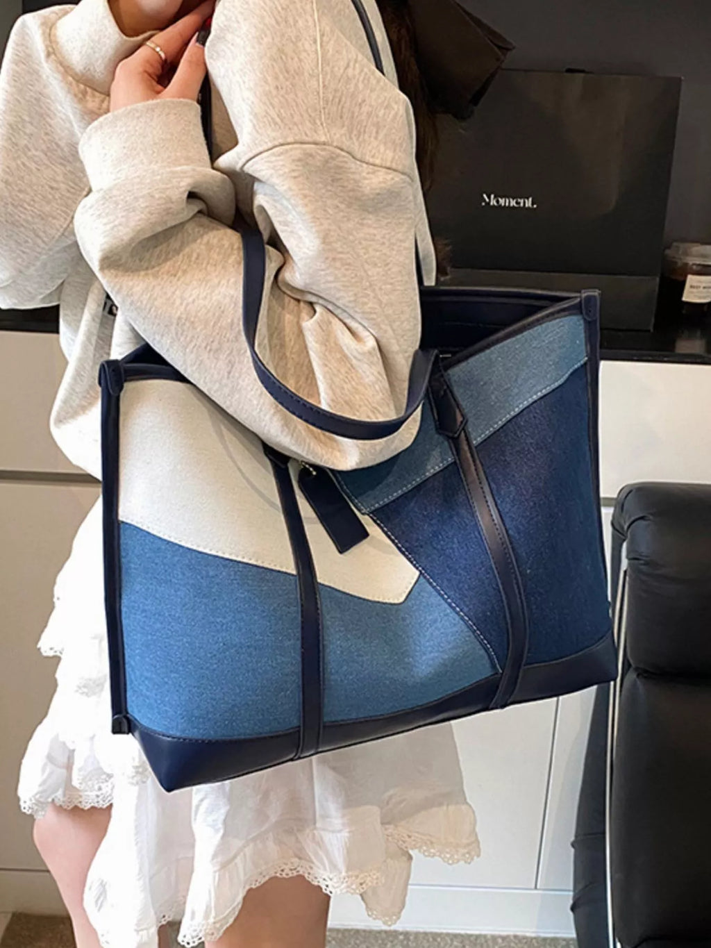 Color Block Denim Shoulder Bag