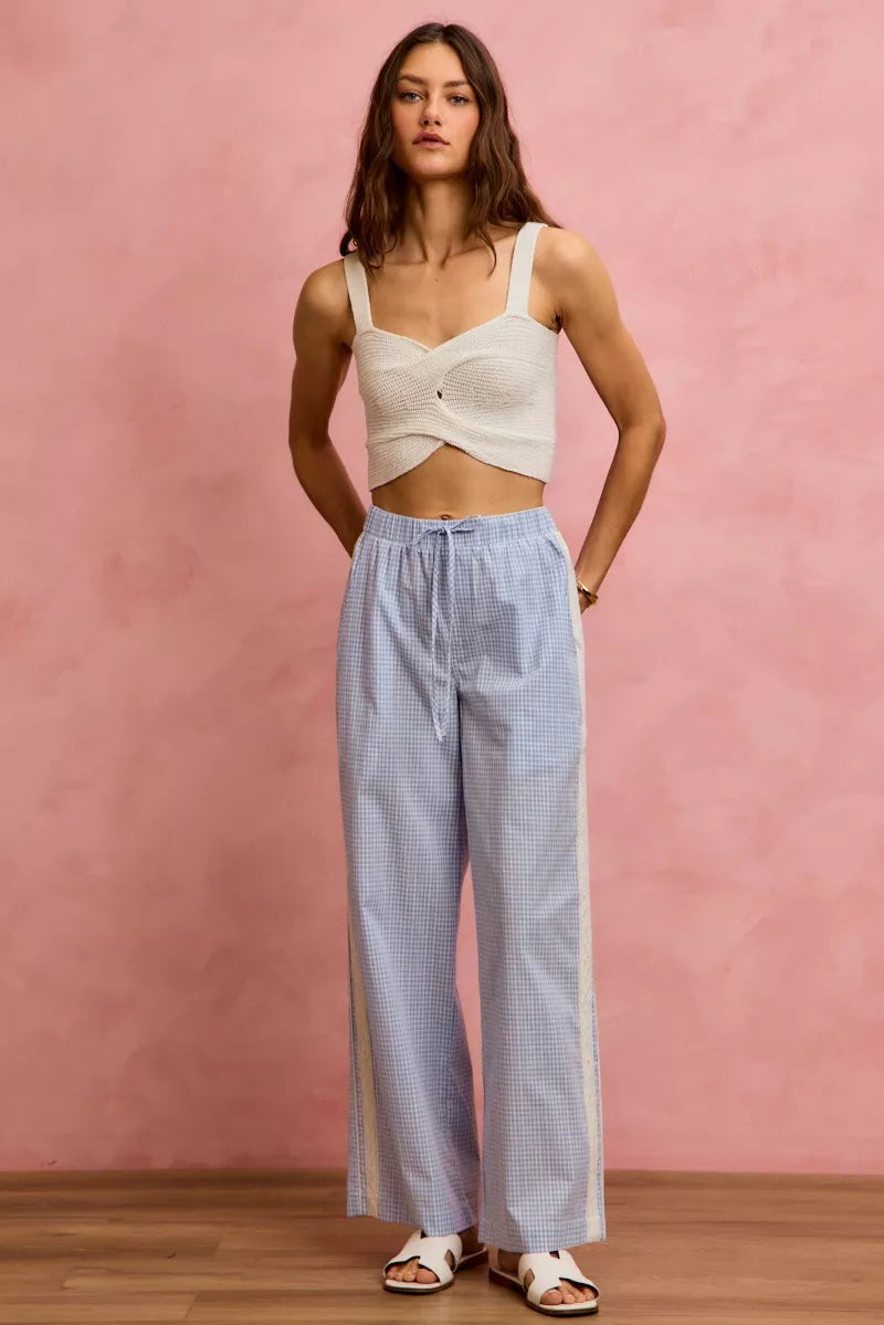 SO ME Wide Check  Pants With Side Lace Trim And Piping