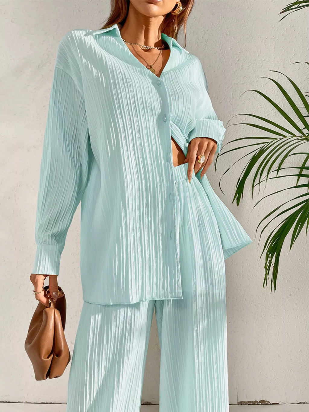 Long Sleeve Shirt & Wide Leg Pants Set