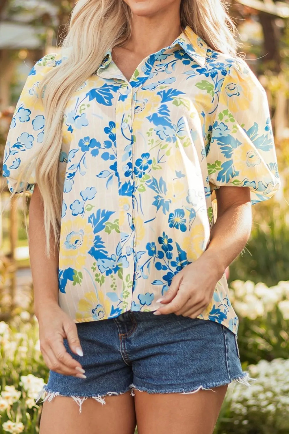 Printed Puff Sleeve Button Down Summer Shirt