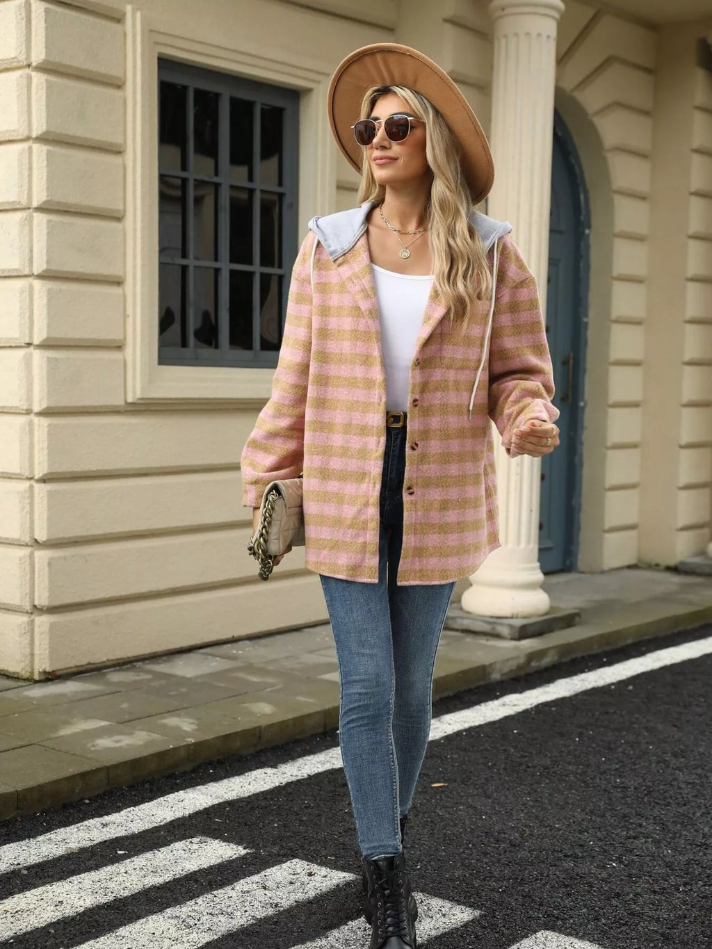 Plaid Button Up Long Sleeve Drawstring Hooded Jacket