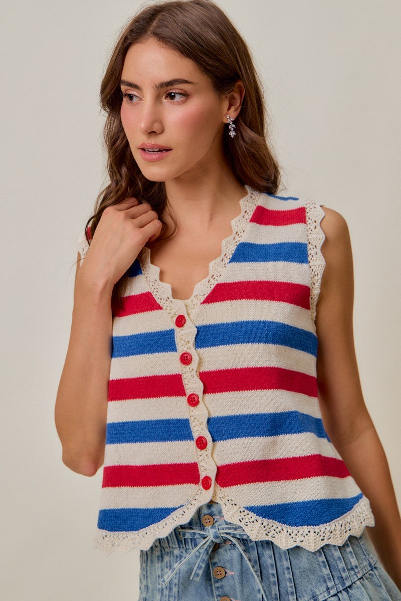 SO ME Fourth Of July Stripe Button Down Vest Top