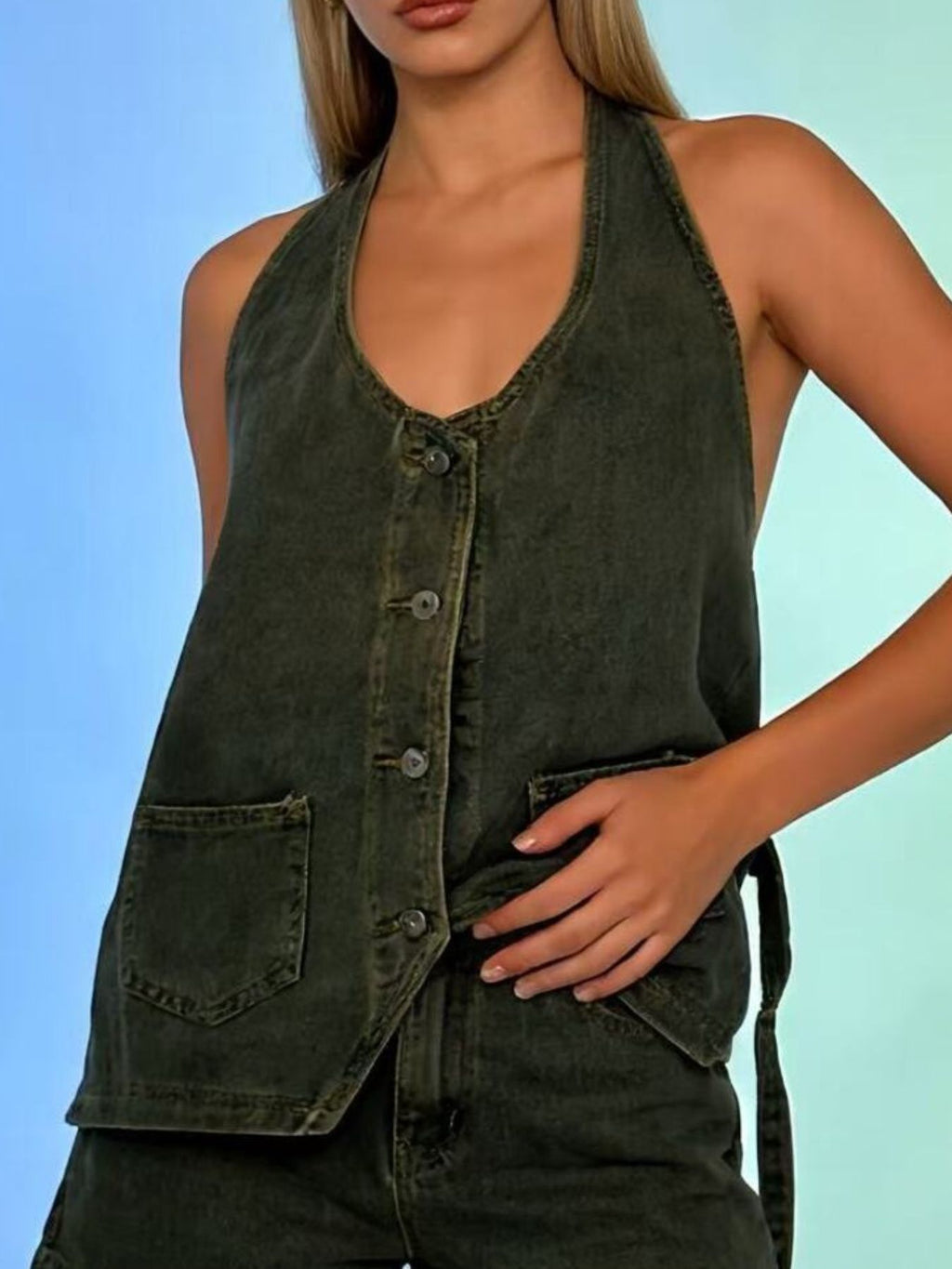 Halter Neck Button-Down Denim Vest
