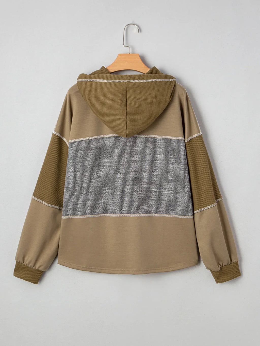 Mixed Texture Patchwork Exposed Seam Half Button Hoodie