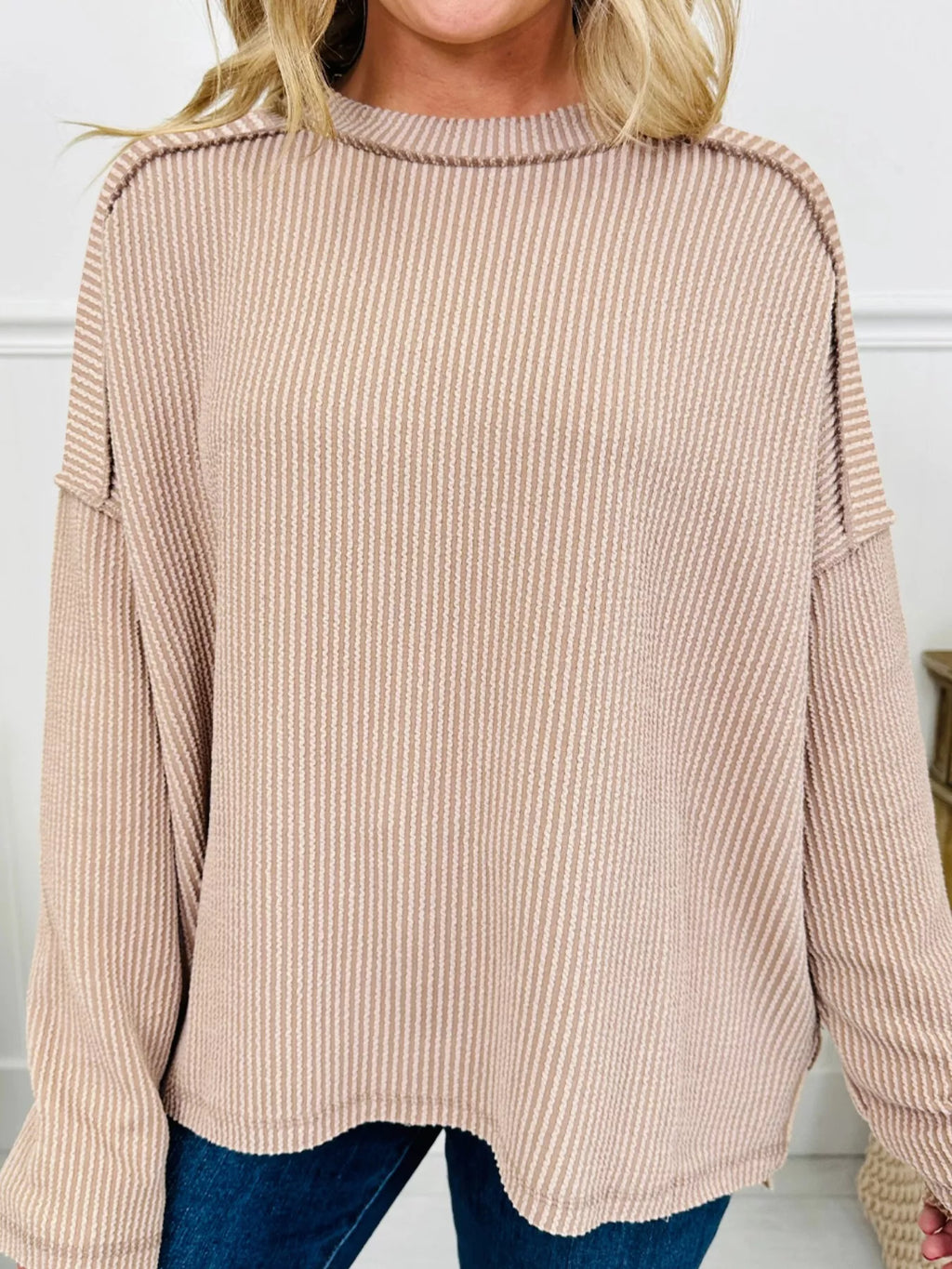 Twist Ribbed Exposed Seam Detail Long Sleeve Loose Top