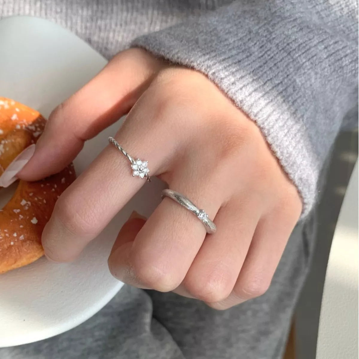925 Sterling Silver Zircon Flower Open Ring