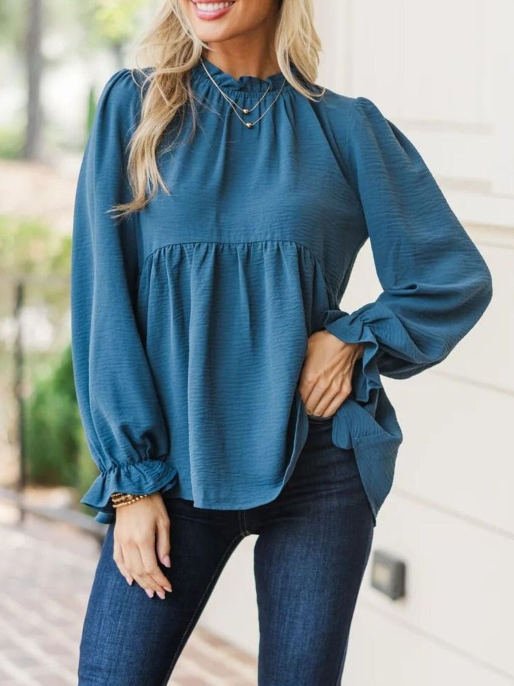Frill Mock Neck Flounce Sleeve Blouse