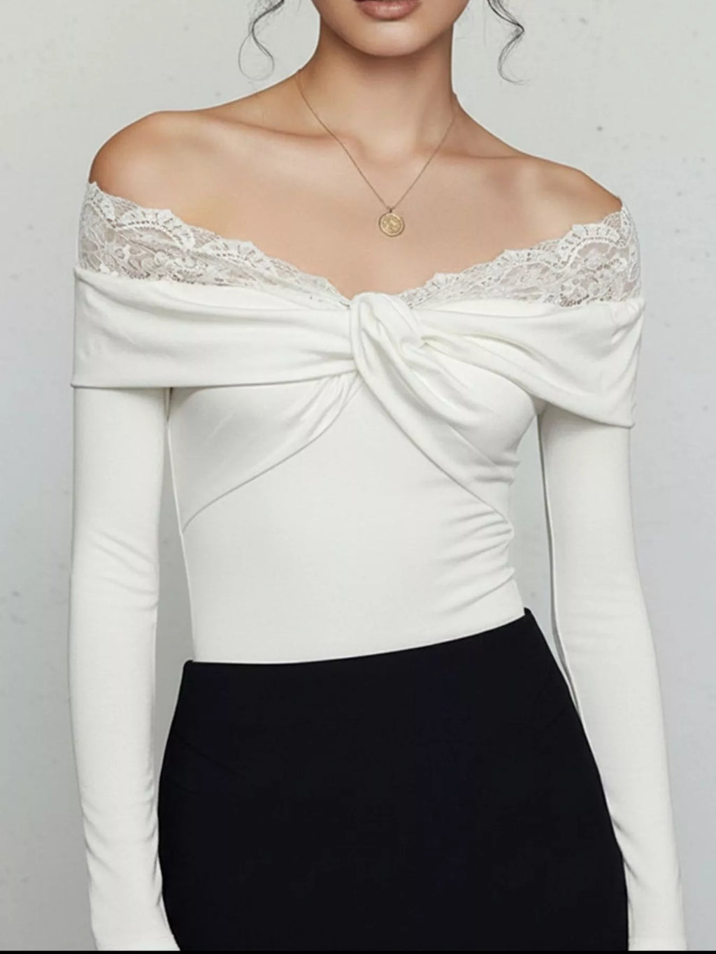 Lace Detail Off-Shoulder Long Sleeve Bodysuit