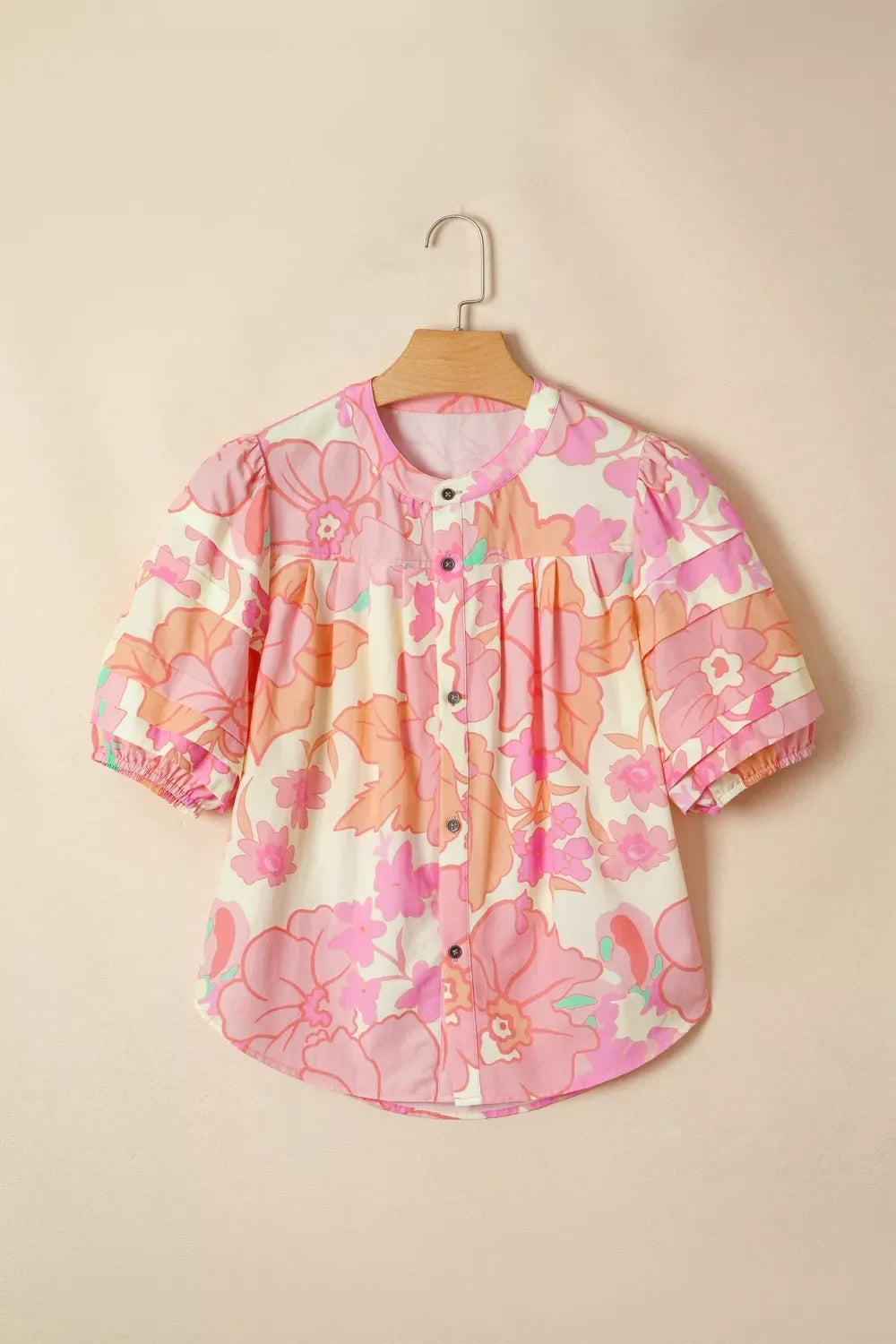 Floral Print Button Down Pintuck Short Sleeve Shirt