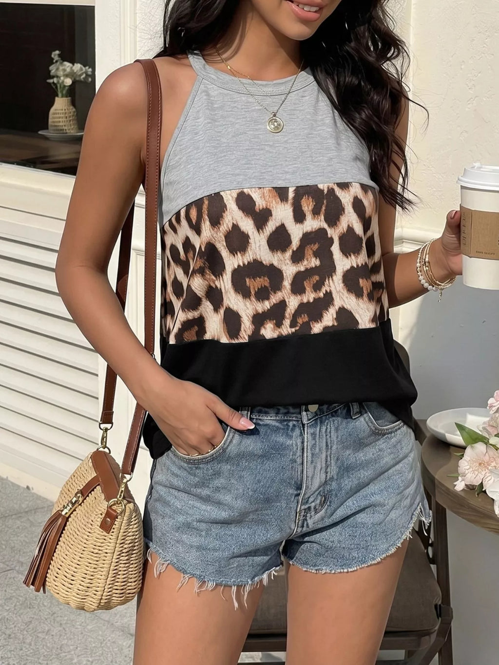 Leopard Print Color Block Tank