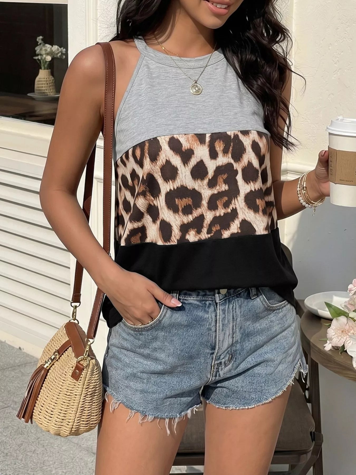 Leopard Print Color Block Tank