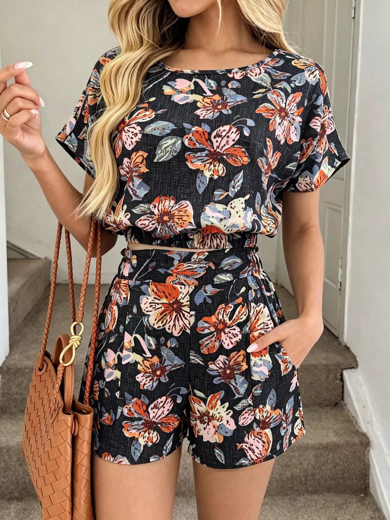 Floral Print Crop Top and Shorts Set