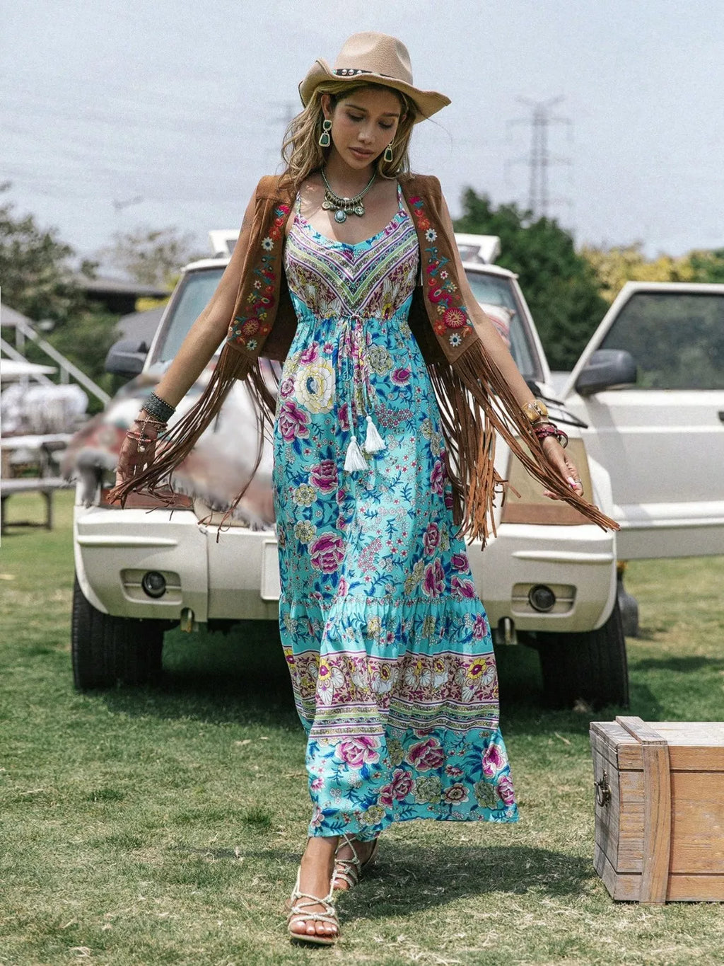 Tassel Floral Print Tiered Cami Dress