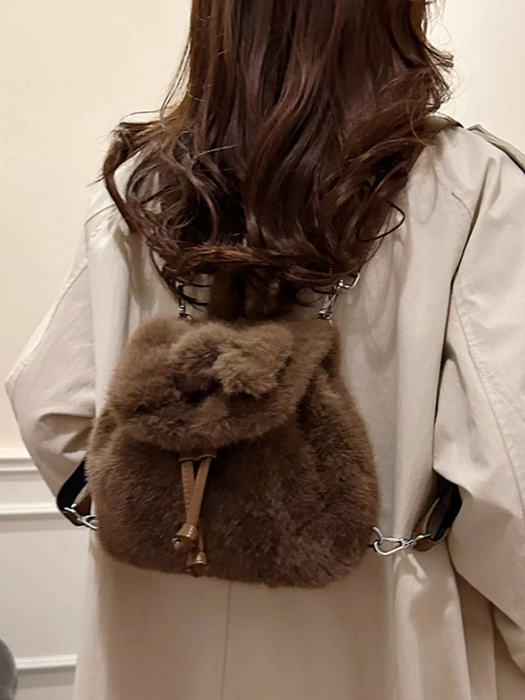 Fuzzy Plush Drawstring Backpack Bag