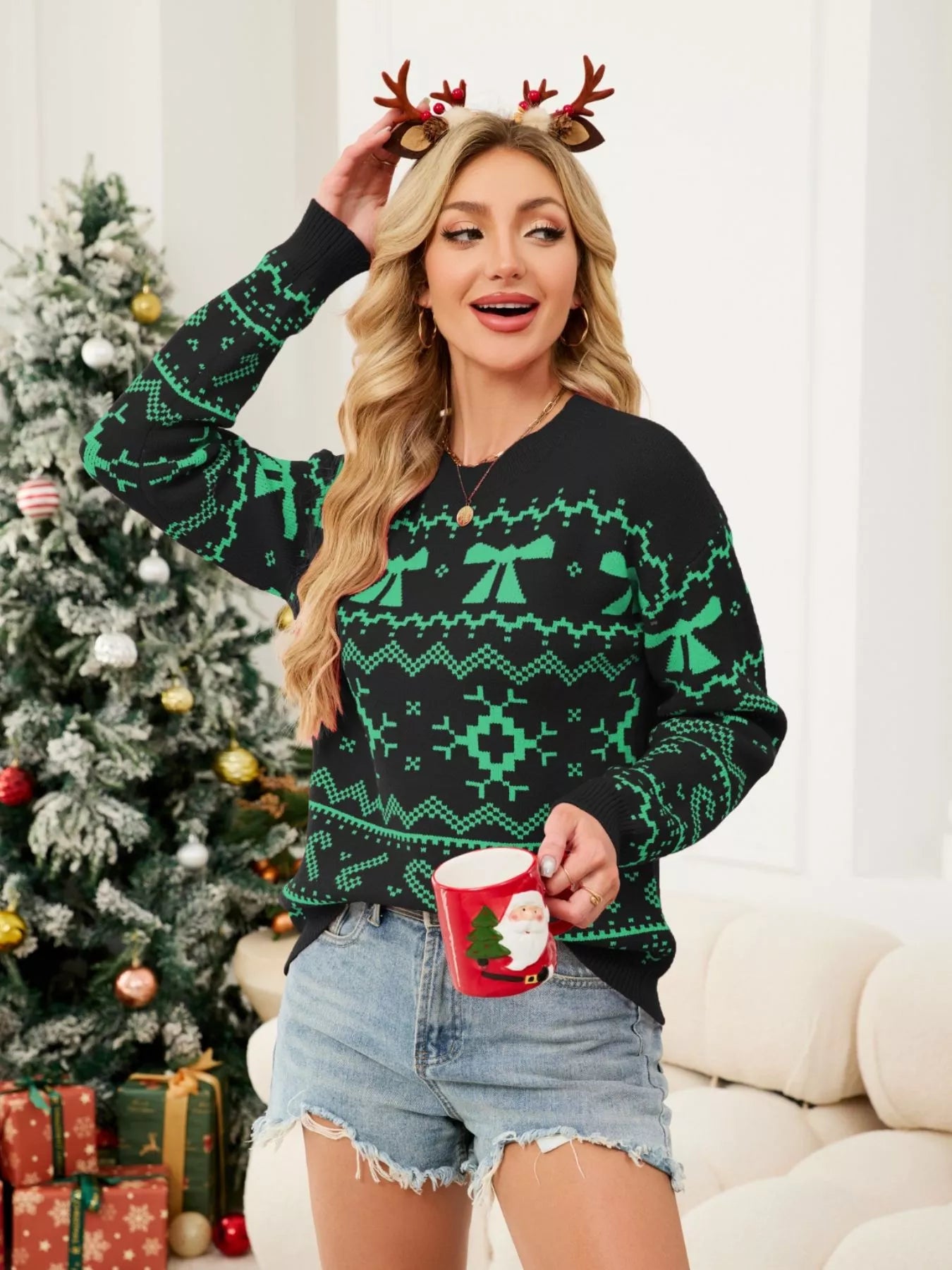 Christmas Bow Round Neck Sweater