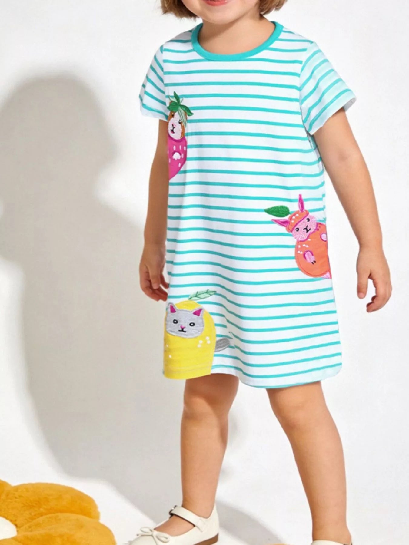 Children's Animal Embroidered Striped Casual Dress