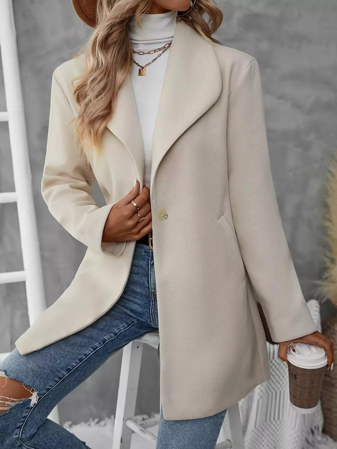 Lapel Collar Single-Button Wool Blend Overcoat