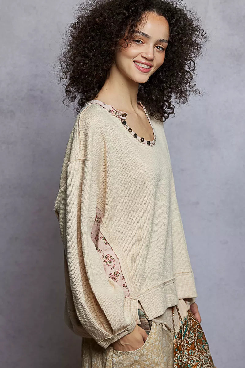POL Balloon Sleeve Oversized Ribbed Top with Floral Pattern Contrast