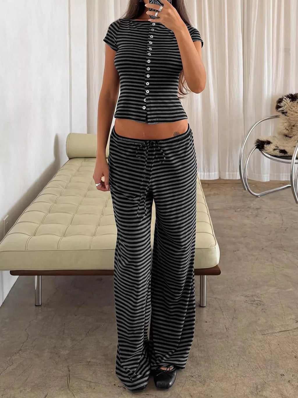 Striped Button-Down Top and Wide-Leg Pants Set