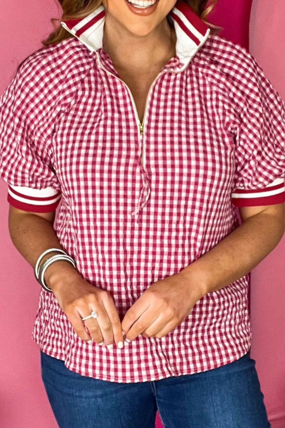 Gingham Puff Sleeve Quarter Zip Blouse