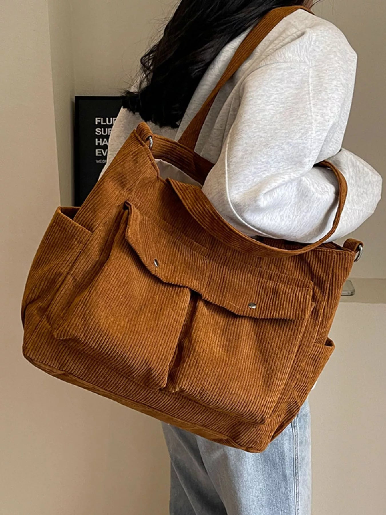 Corduroy Large Tote Bag with Adjustable Strap